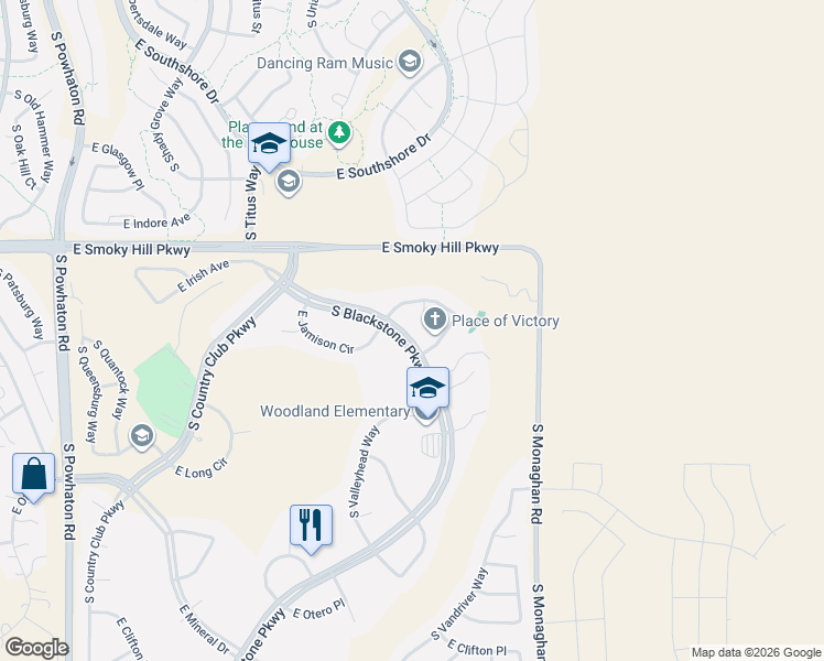 map of restaurants, bars, coffee shops, grocery stores, and more near 7680 South Blackstone Parkway in Aurora