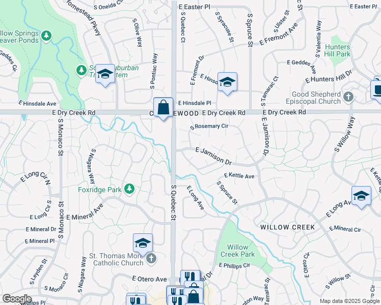 map of restaurants, bars, coffee shops, grocery stores, and more near 7676 South Quince Court in Centennial
