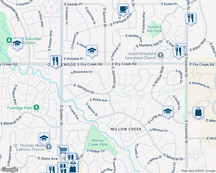 map of restaurants, bars, coffee shops, grocery stores, and more near 7661 South Rosemary Circle in Centennial