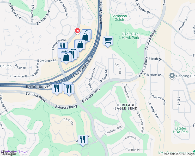 map of restaurants, bars, coffee shops, grocery stores, and more near 7658 South Zante Court in Aurora