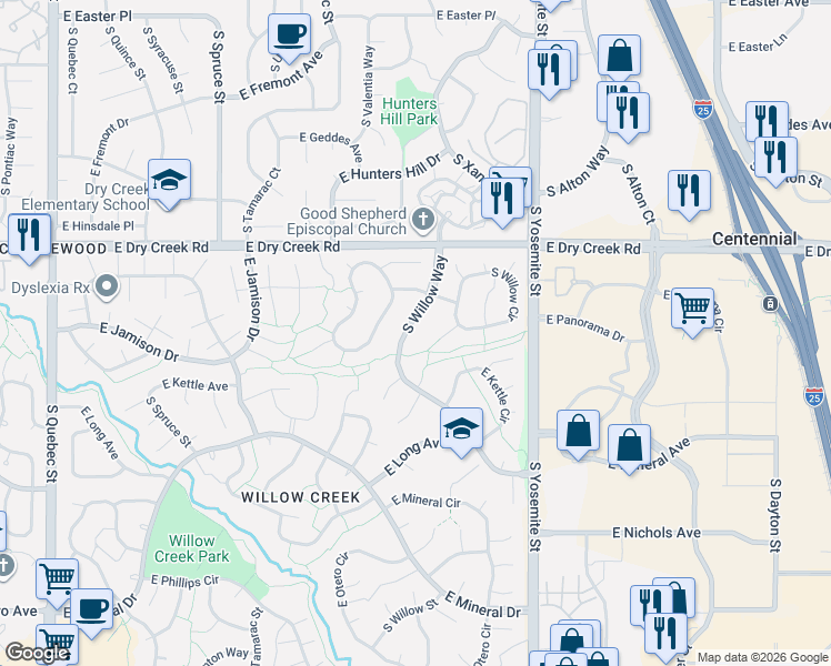 map of restaurants, bars, coffee shops, grocery stores, and more near 7656 South Willow Way in Centennial