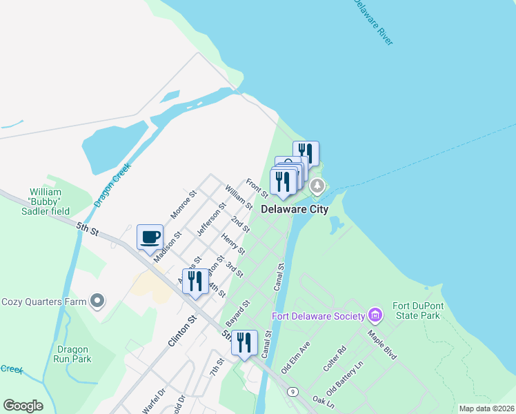 map of restaurants, bars, coffee shops, grocery stores, and more near 123 Washington Street in Delaware City