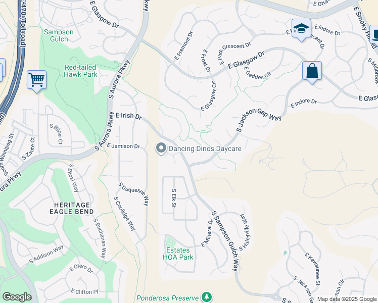 map of restaurants, bars, coffee shops, grocery stores, and more near 7674 South Eaton Park Way in Aurora