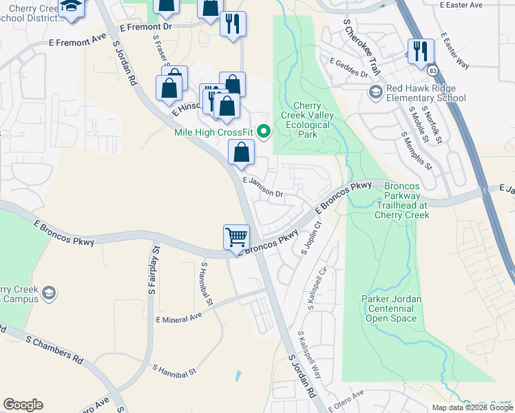 map of restaurants, bars, coffee shops, grocery stores, and more near 15665 East Broncos Place in Englewood