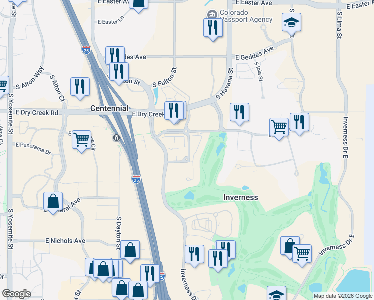 map of restaurants, bars, coffee shops, grocery stores, and more near 155 Inverness Boulevard in Englewood