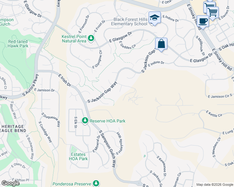 map of restaurants, bars, coffee shops, grocery stores, and more near 7627 South Haleyville Street in Aurora