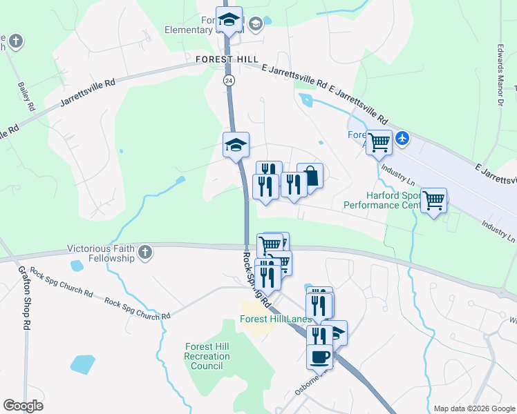 map of restaurants, bars, coffee shops, grocery stores, and more near 1 Newport Drive in Forest Hill