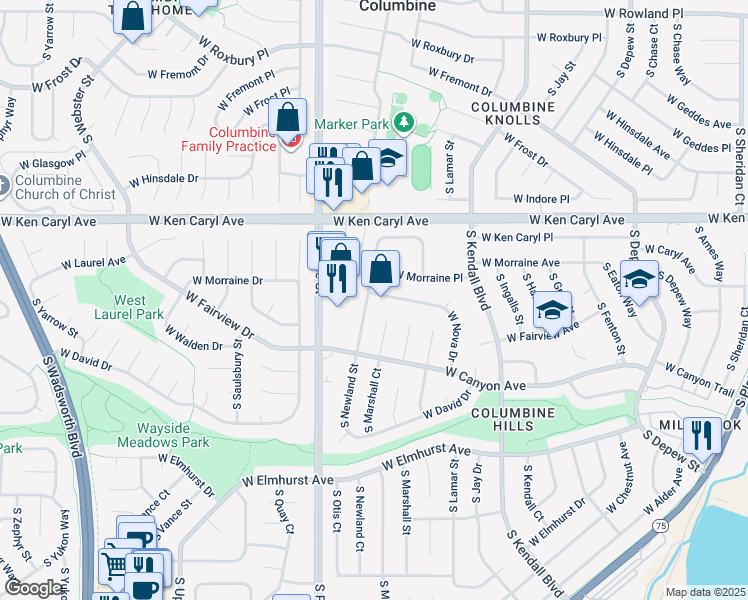 map of restaurants, bars, coffee shops, grocery stores, and more near 6598 West Nova Drive in Littleton