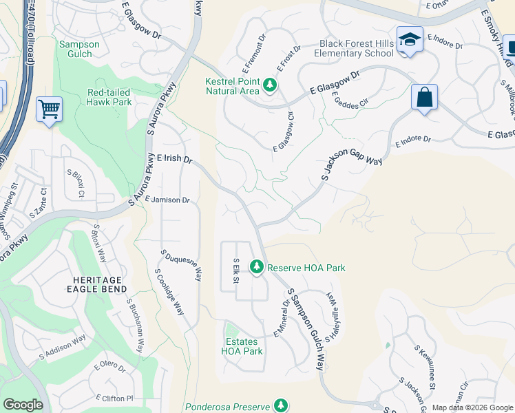 map of restaurants, bars, coffee shops, grocery stores, and more near 7674 South Eaton Park Way in Aurora