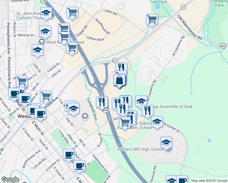 map of restaurants, bars, coffee shops, grocery stores, and more near Mall Ring Road in Westminster