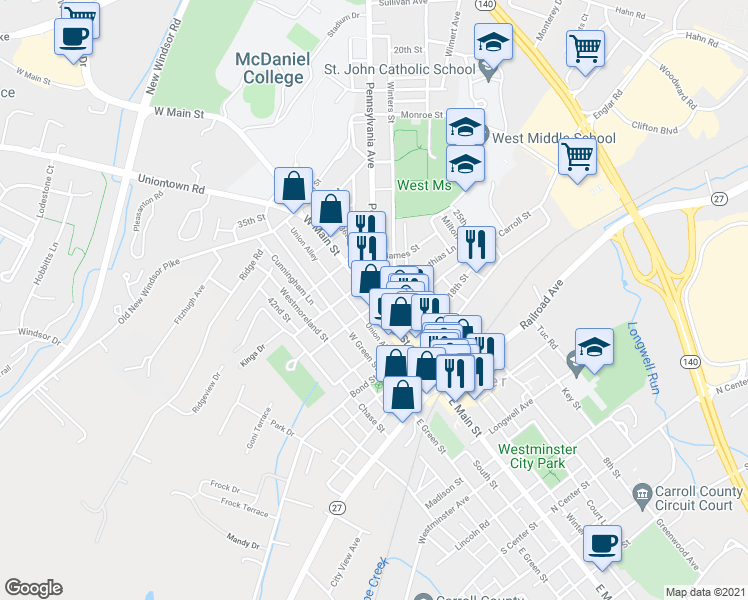map of restaurants, bars, coffee shops, grocery stores, and more near West Main Street & Pennsylvania Avenue in Westminster
