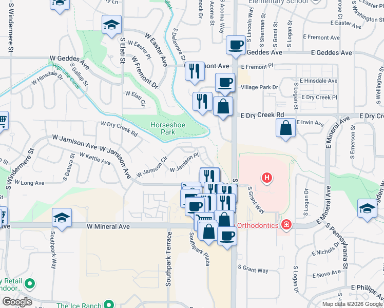 map of restaurants, bars, coffee shops, grocery stores, and more near 331 West Jamison Place in Littleton
