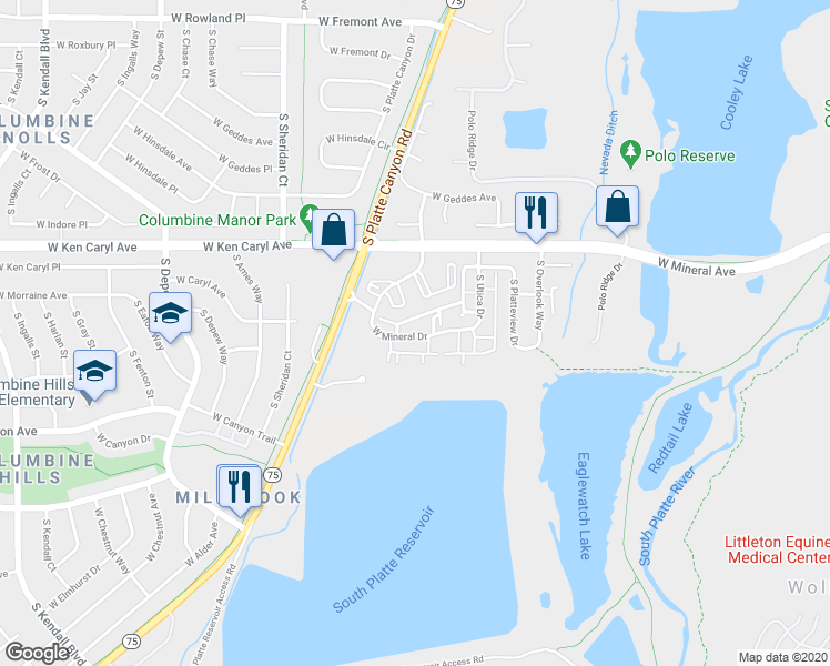 map of restaurants, bars, coffee shops, grocery stores, and more near 7501 South Utica Drive in Littleton