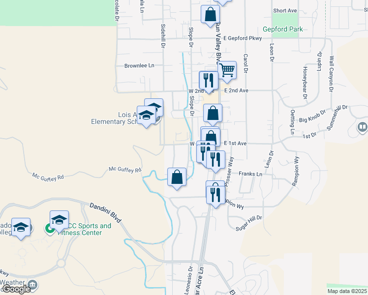 map of restaurants, bars, coffee shops, grocery stores, and more near 5074 Sagebrush Drive in Sun Valley