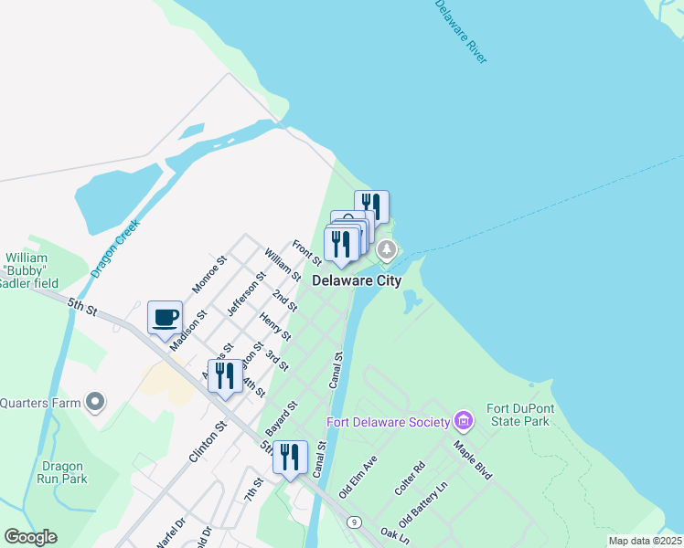 map of restaurants, bars, coffee shops, grocery stores, and more near in Delaware City