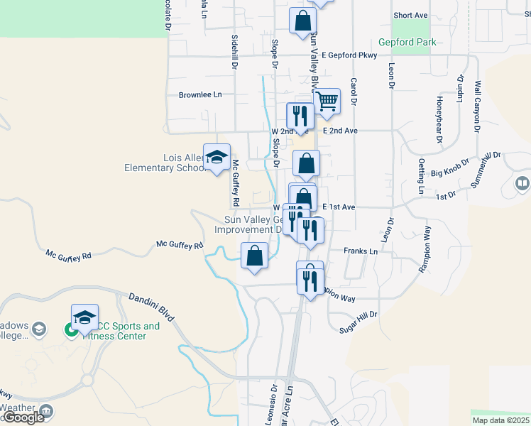 map of restaurants, bars, coffee shops, grocery stores, and more near 5074 Sagebrush Drive in Sun Valley