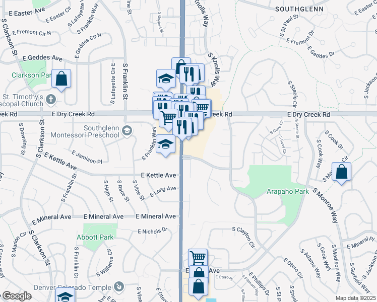 map of restaurants, bars, coffee shops, grocery stores, and more near 7702 South Columbine Street in Centennial