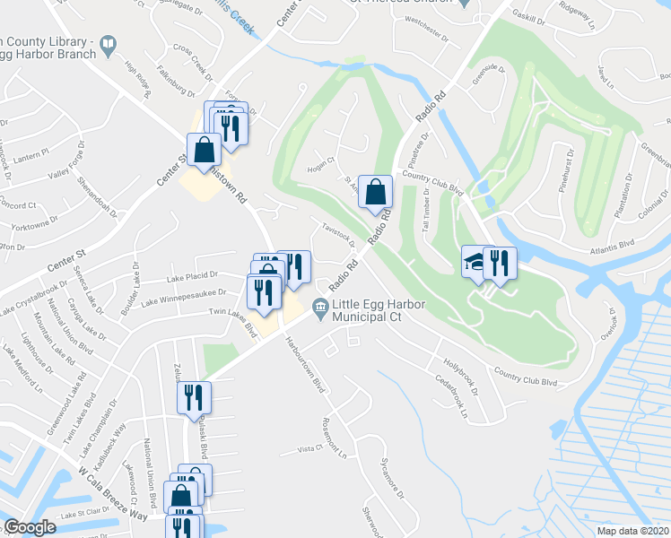 map of restaurants, bars, coffee shops, grocery stores, and more near 15 Pin Oak Lane in Tuckerton