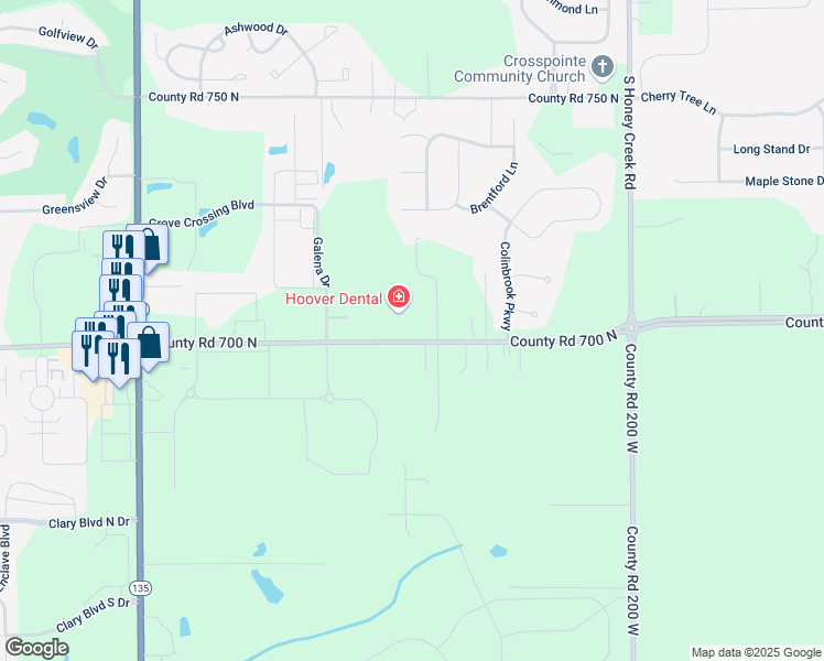 map of restaurants, bars, coffee shops, grocery stores, and more near 1442 West Stones Crossing Road in Greenwood