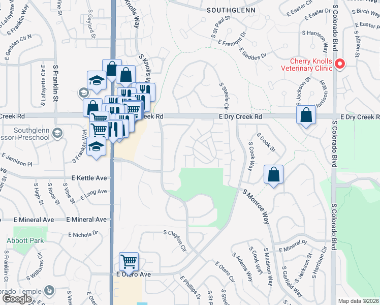 map of restaurants, bars, coffee shops, grocery stores, and more near 7713 South Cove Circle in Centennial