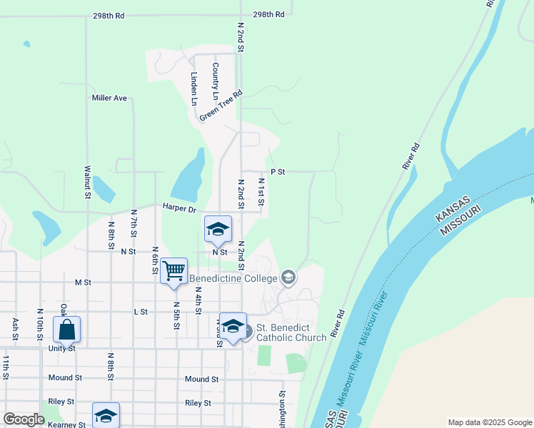 map of restaurants, bars, coffee shops, grocery stores, and more near 104 Valley View Drive in Atchison