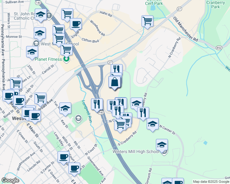 map of restaurants, bars, coffee shops, grocery stores, and more near 400 North Center Street in Westminster