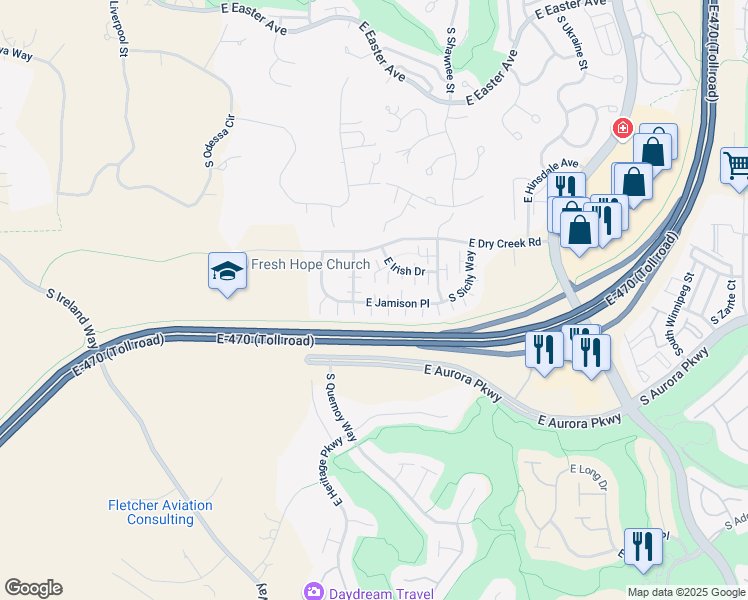 map of restaurants, bars, coffee shops, grocery stores, and more near 21990 East Irish Drive in Aurora