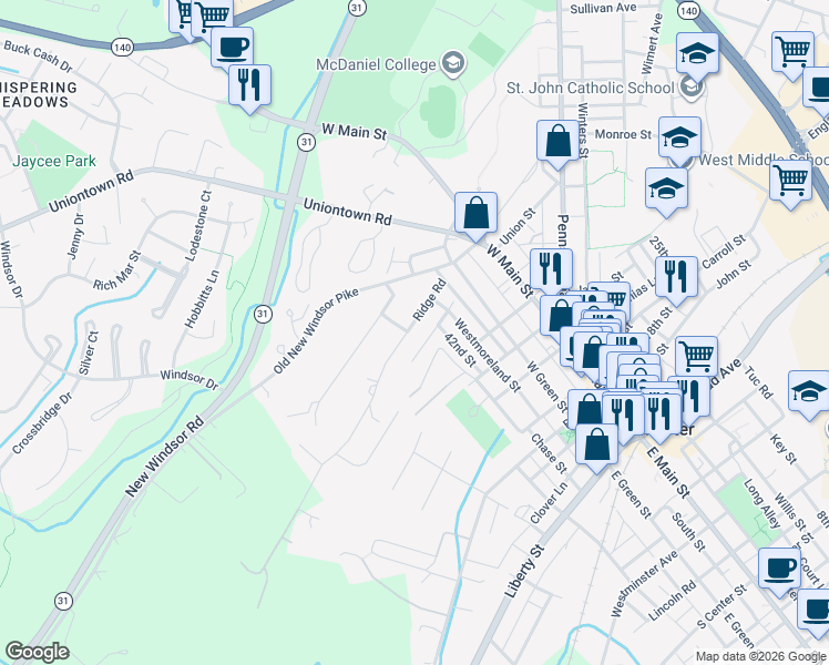 map of restaurants, bars, coffee shops, grocery stores, and more near 23 Ridge Road in Westminster
