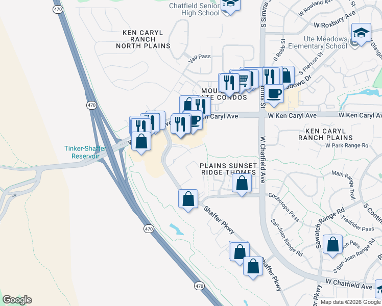 map of restaurants, bars, coffee shops, grocery stores, and more near 7474 South Alkire Place in Littleton
