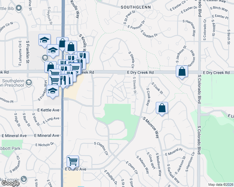 map of restaurants, bars, coffee shops, grocery stores, and more near 7617 South Cove Circle in Centennial