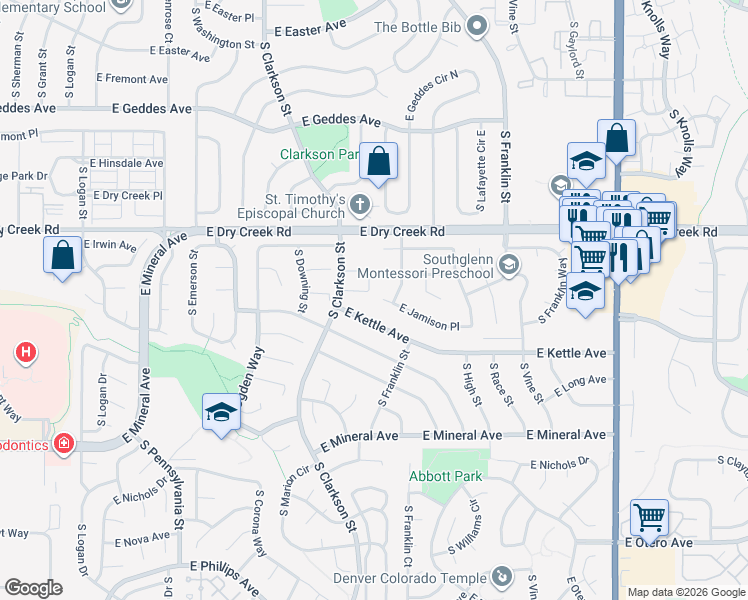 map of restaurants, bars, coffee shops, grocery stores, and more near 1436 East Irish Lane in Centennial