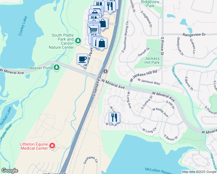map of restaurants, bars, coffee shops, grocery stores, and more near W Mineral Ave in Littleton
