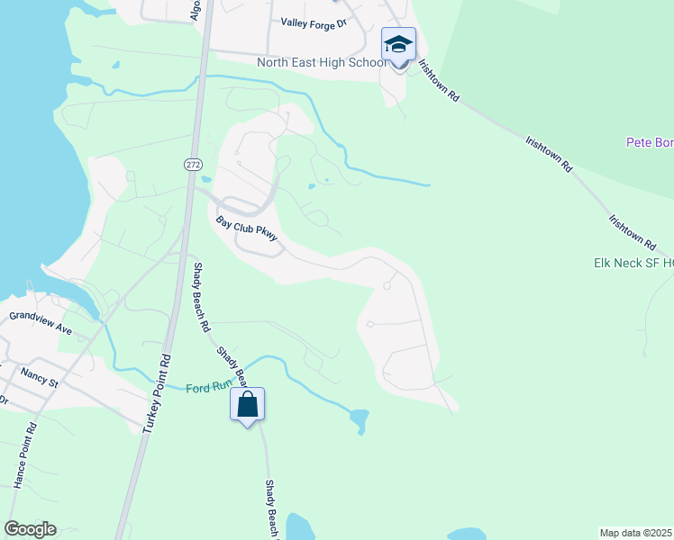 map of restaurants, bars, coffee shops, grocery stores, and more near Bay Club Parkway in North East