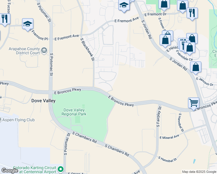 map of restaurants, bars, coffee shops, grocery stores, and more near 7550 South Blackhawk Street in Englewood