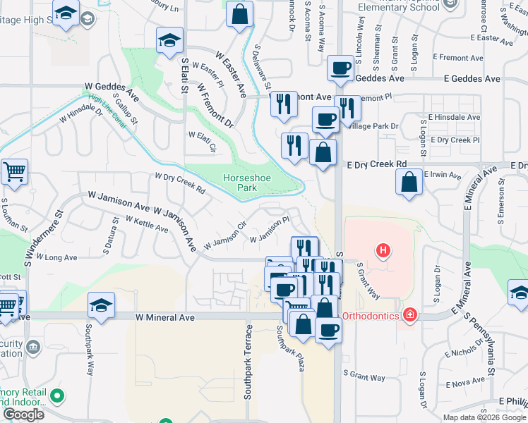 map of restaurants, bars, coffee shops, grocery stores, and more near 9 West Jamison Circle in Littleton