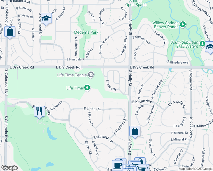map of restaurants, bars, coffee shops, grocery stores, and more near in Centennial