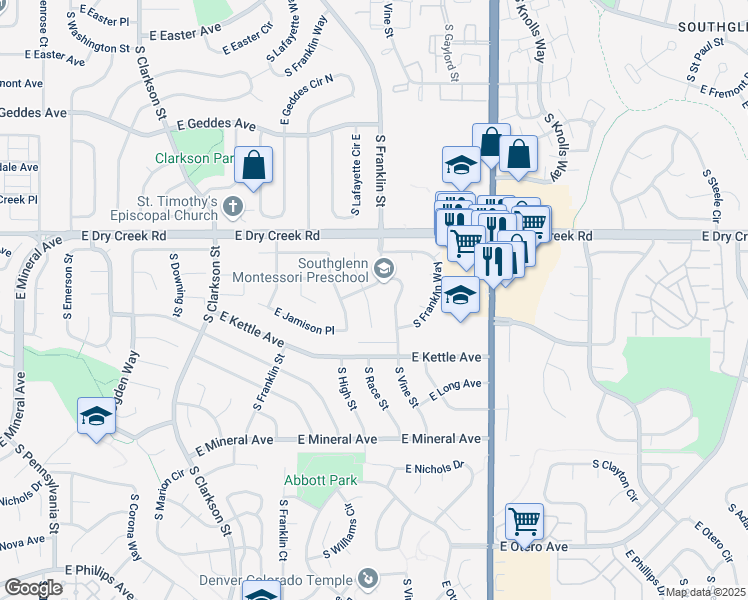 map of restaurants, bars, coffee shops, grocery stores, and more near 7624 South Race Street in Centennial