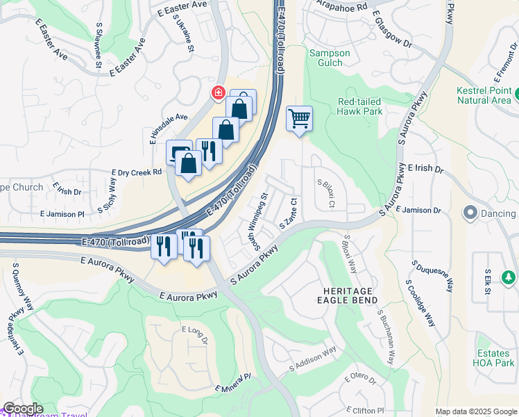 map of restaurants, bars, coffee shops, grocery stores, and more near 7623 S Winnipeg Street in Aurora