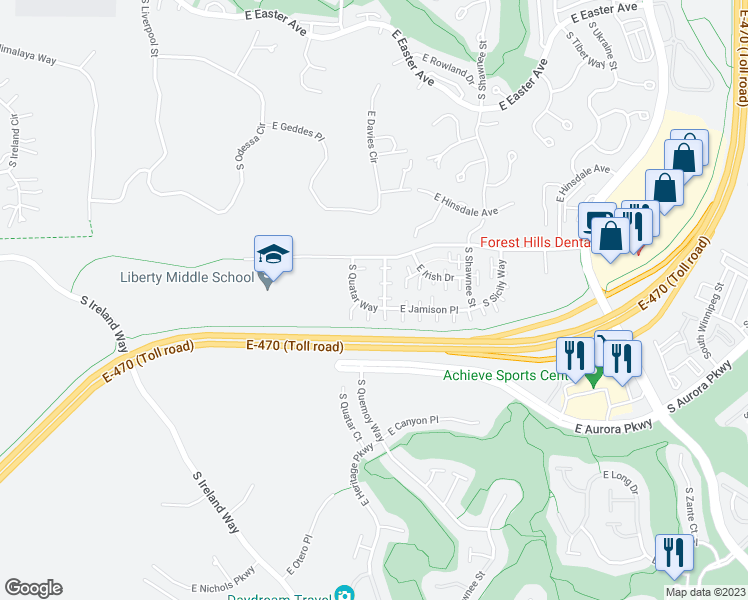 map of restaurants, bars, coffee shops, grocery stores, and more near 7607 South Quemoy Street in Aurora