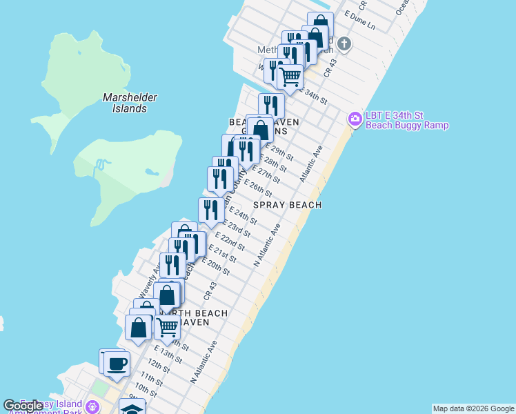 map of restaurants, bars, coffee shops, grocery stores, and more near 2508 Beach Avenue in Long Beach