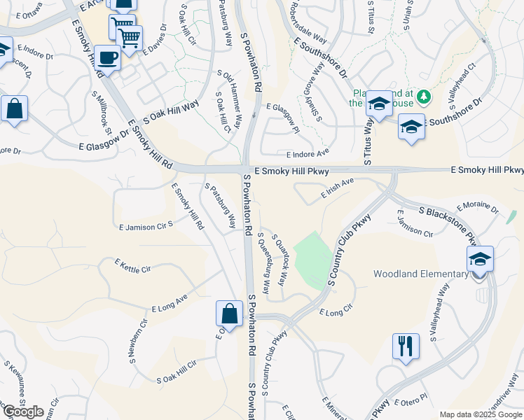 map of restaurants, bars, coffee shops, grocery stores, and more near 7581 South Queensburg Way in Aurora