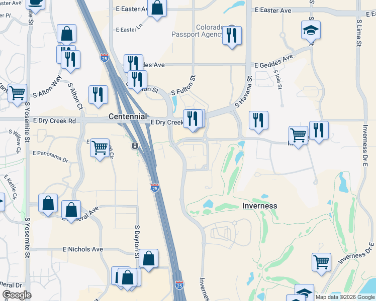 map of restaurants, bars, coffee shops, grocery stores, and more near 158 Inverness Drive West in Englewood
