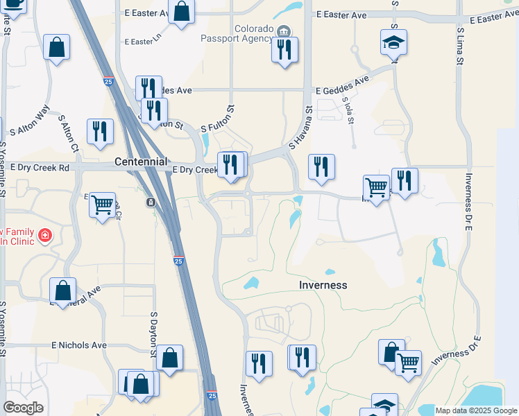 map of restaurants, bars, coffee shops, grocery stores, and more near 10156 Inverness Main Street in Englewood