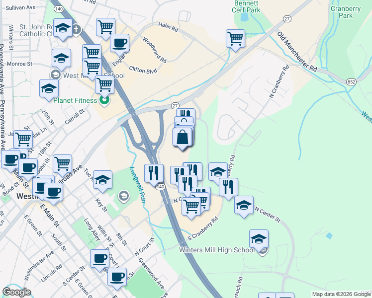 map of restaurants, bars, coffee shops, grocery stores, and more near 400 North Center Street in Westminster