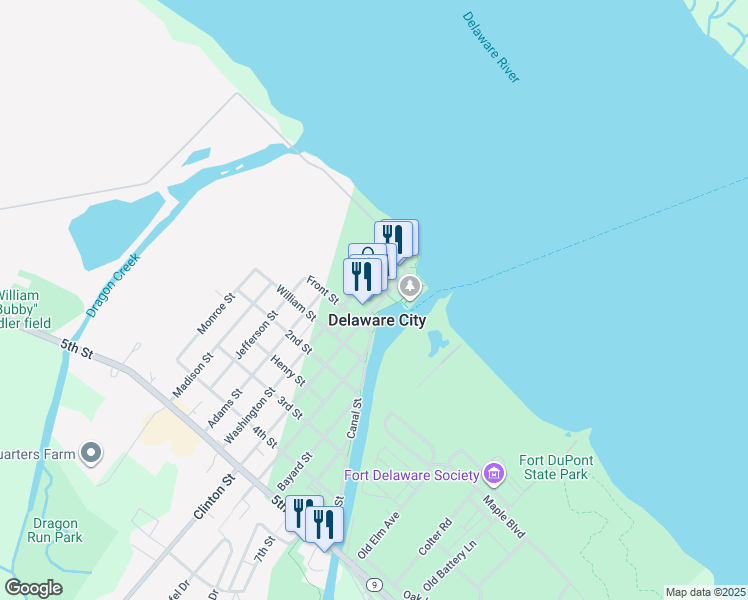 map of restaurants, bars, coffee shops, grocery stores, and more near 74 Washington Street in Delaware City