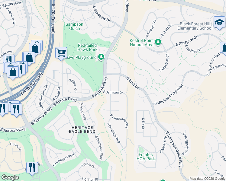 map of restaurants, bars, coffee shops, grocery stores, and more near 7581 South Duquesne Way in Aurora