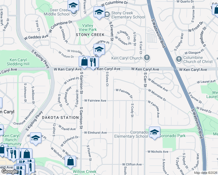 map of restaurants, bars, coffee shops, grocery stores, and more near 7603 South Estes Court in Littleton