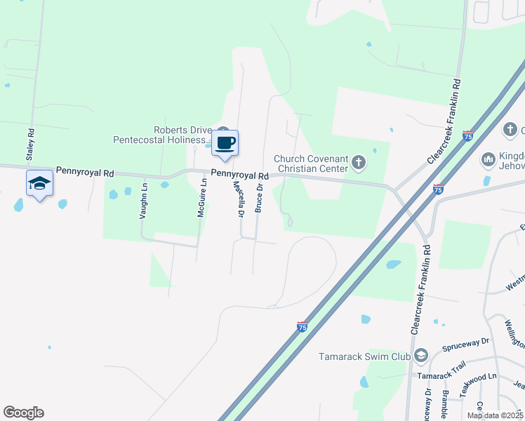 map of restaurants, bars, coffee shops, grocery stores, and more near 9423 Bruce Drive in Franklin