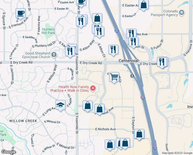 map of restaurants, bars, coffee shops, grocery stores, and more near 9200 East Panorama Circle in Centennial