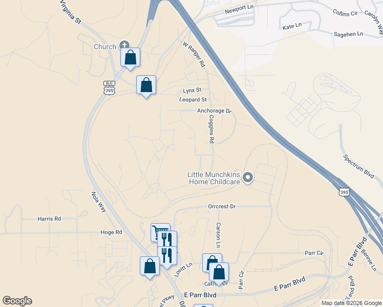 map of restaurants, bars, coffee shops, grocery stores, and more near 5125 Northern Lights Drive in Reno
